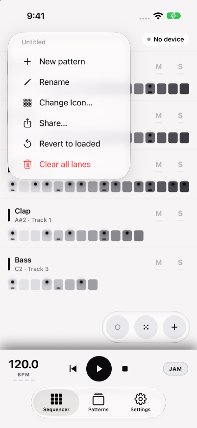 Pattern menu, the 0.21.0 test build (d43c586c)